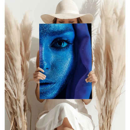 Shimmering blue glitter portrait canvas with purple veil
