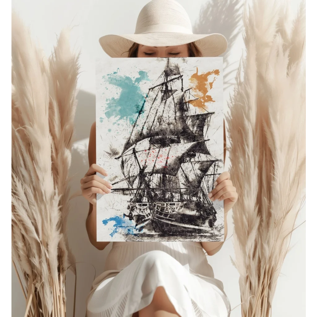 Black-and-white sailing ship insigne aluminum print with bold blue orange splashes