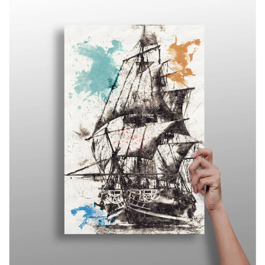 Black-and-white sailing ship on insigne aluminum print with bold splashes