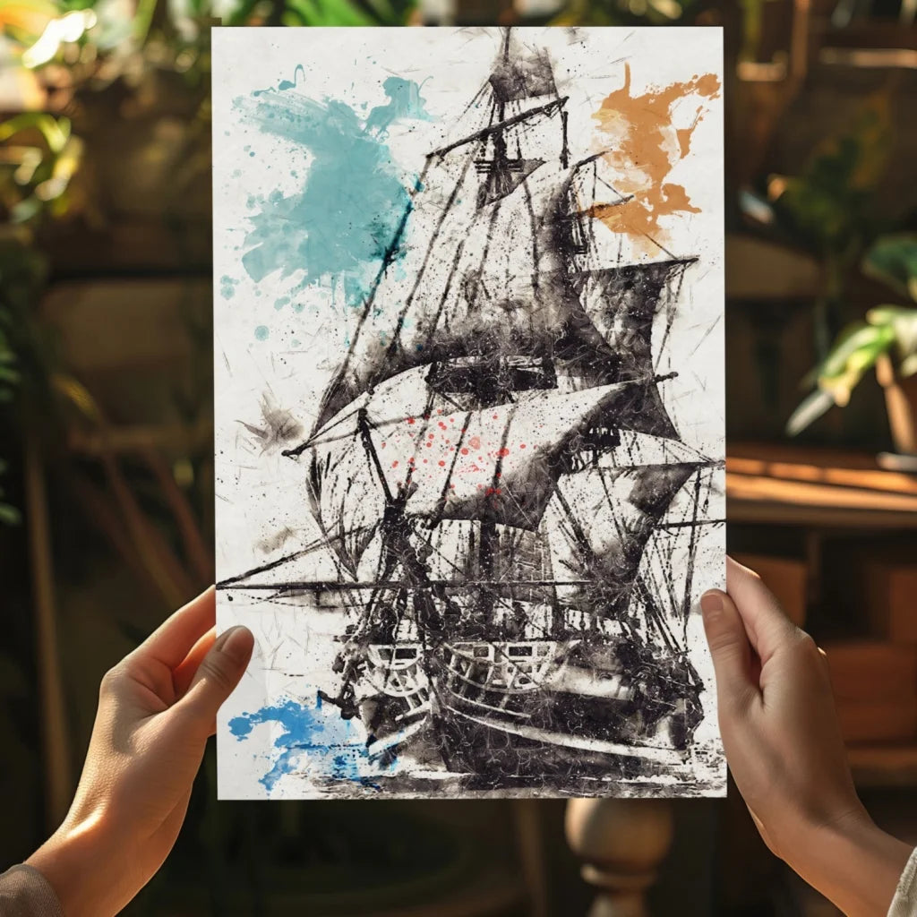 Black-and-white ink sailing ship on insigne aluminum prints with teal, orange, blue splashes