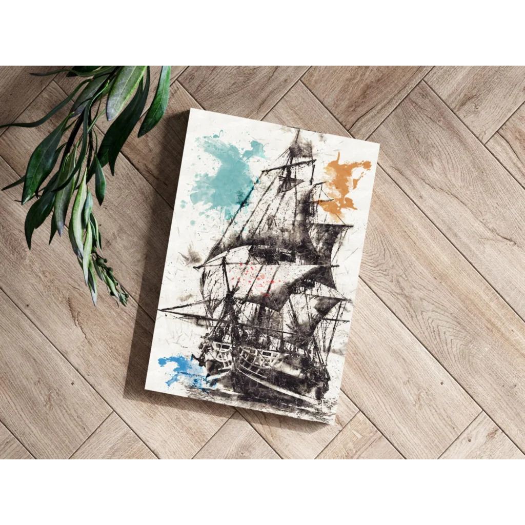 Black ink sailing ship on insigne aluminum prints with teal orange blue splashes