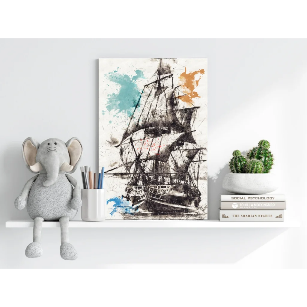 Black-and-white sailing ship sketch with teal orange splashes on insigne aluminum print