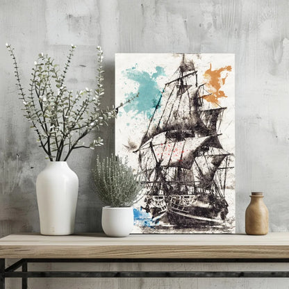 Abstract black-and-white sailing ship on insigne aluminum prints with teal orange splashes
