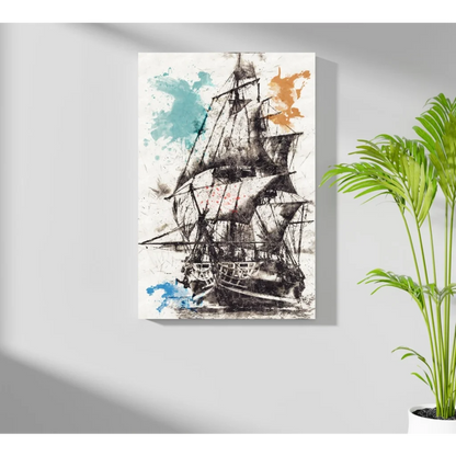 Black-and-white watercolor sailing ship on insigne aluminum prints with teal, orange, blue splashes
