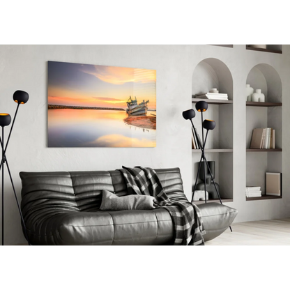 Sunset fishing boat on glass wall art, orange purple hues on calm water