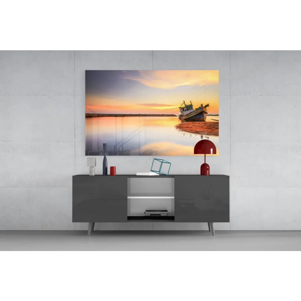 Sunset fishing boat on glass wall art with orange skies and calm water