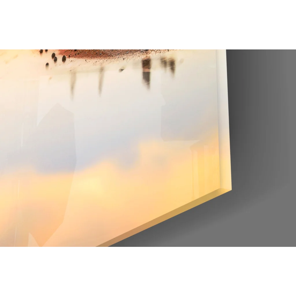Sunset fishing boat glass wall art with warm yellow-white gradient and dark speckles