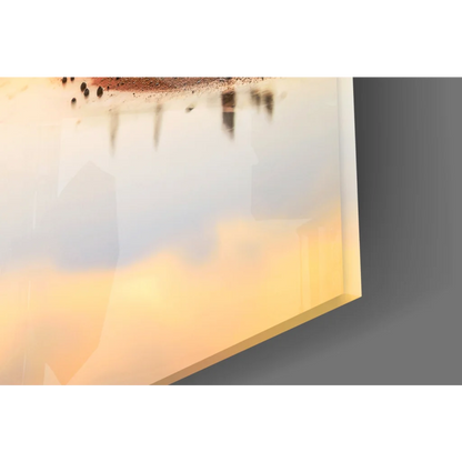 Sunset fishing boat glass wall art with warm yellow-white gradient and dark speckles