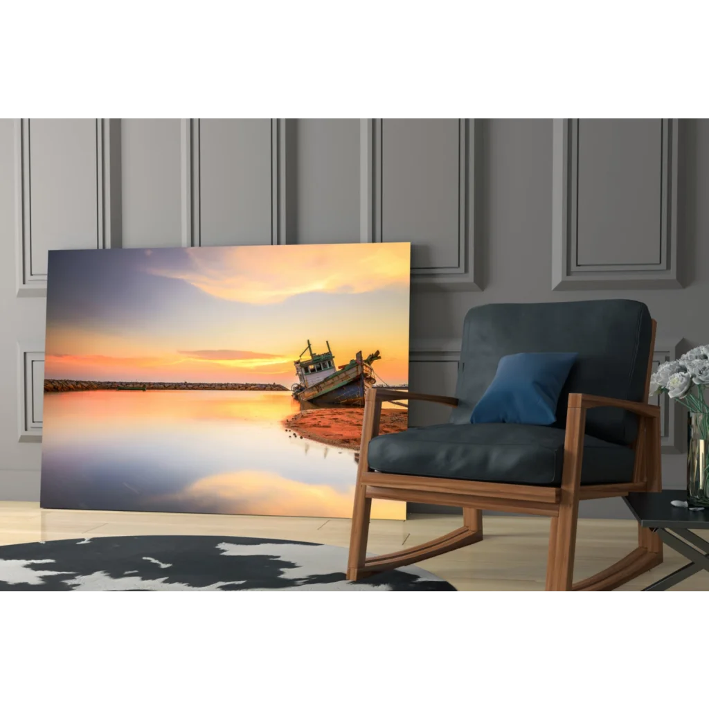 Weathered fishing boat on calm water at sunset, glass wall art print