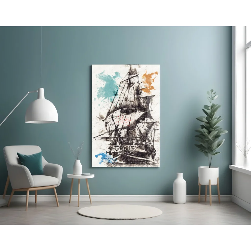 Sailing Ship Abstract Canvas Wall Art with Teal Orange Splashes | Contemporary Home Wall Art | vintageantiquesgifts.com