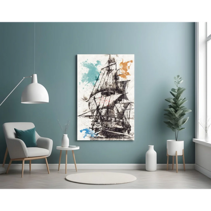 Sailing Ship Abstract Canvas Wall Art with Teal Orange Splashes | Contemporary Home Wall Art | vintageantiquesgifts.com