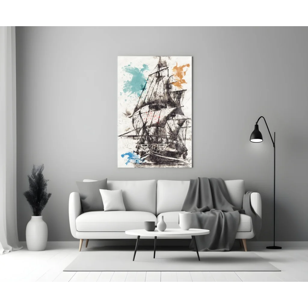 Sailing Ship Abstract Canvas Wall Art with Teal Orange Splashes | Modern Wall Art Decor | vintageantiquesgifts.com