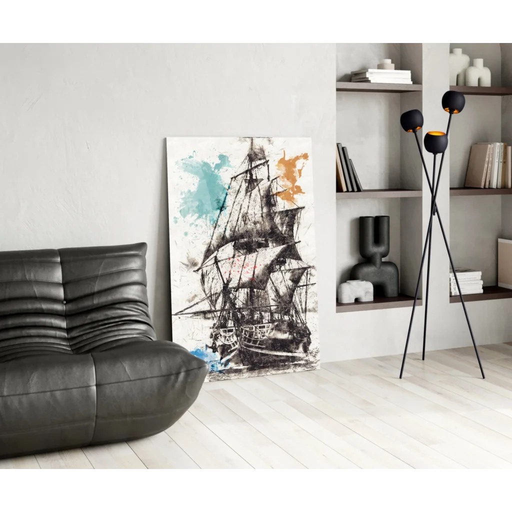 Abstract sailing ship wall art canvas with teal orange blue splashes