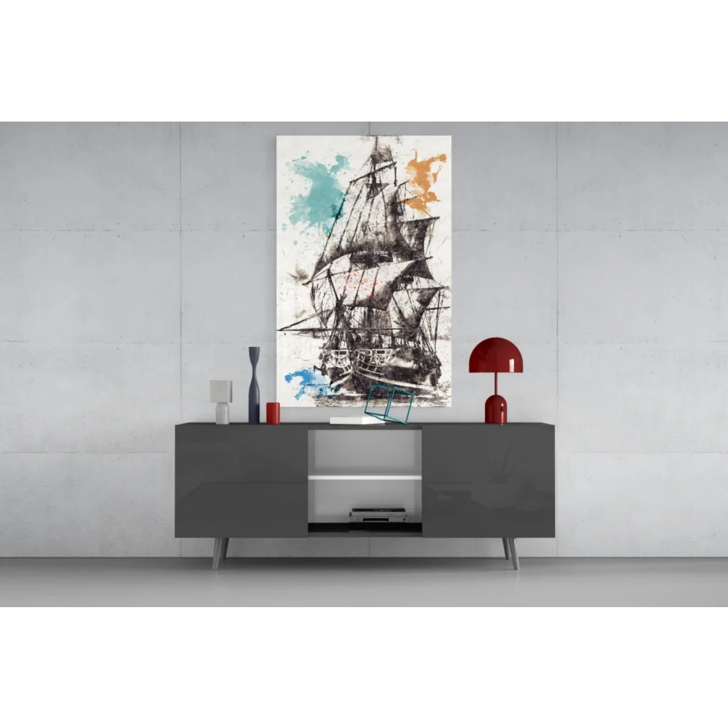 Abstract black inked sailing ship wall art with teal orange splashes