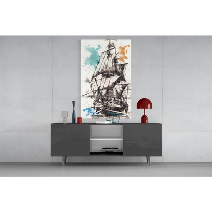 Abstract black inked sailing ship wall art with teal orange splashes