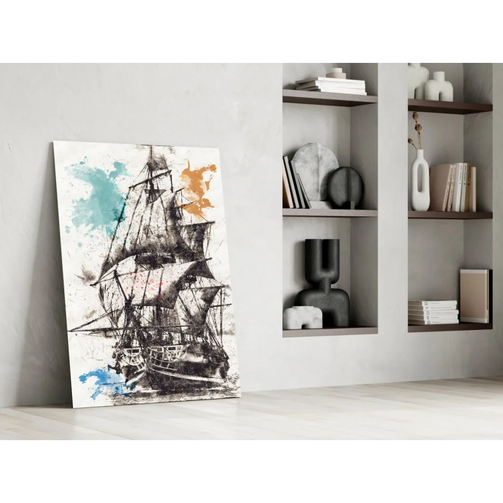 Abstract sailing ship wall art canvas with teal orange blue splashes