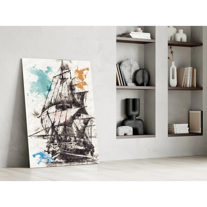 Abstract sailing ship wall art canvas with teal orange blue splashes