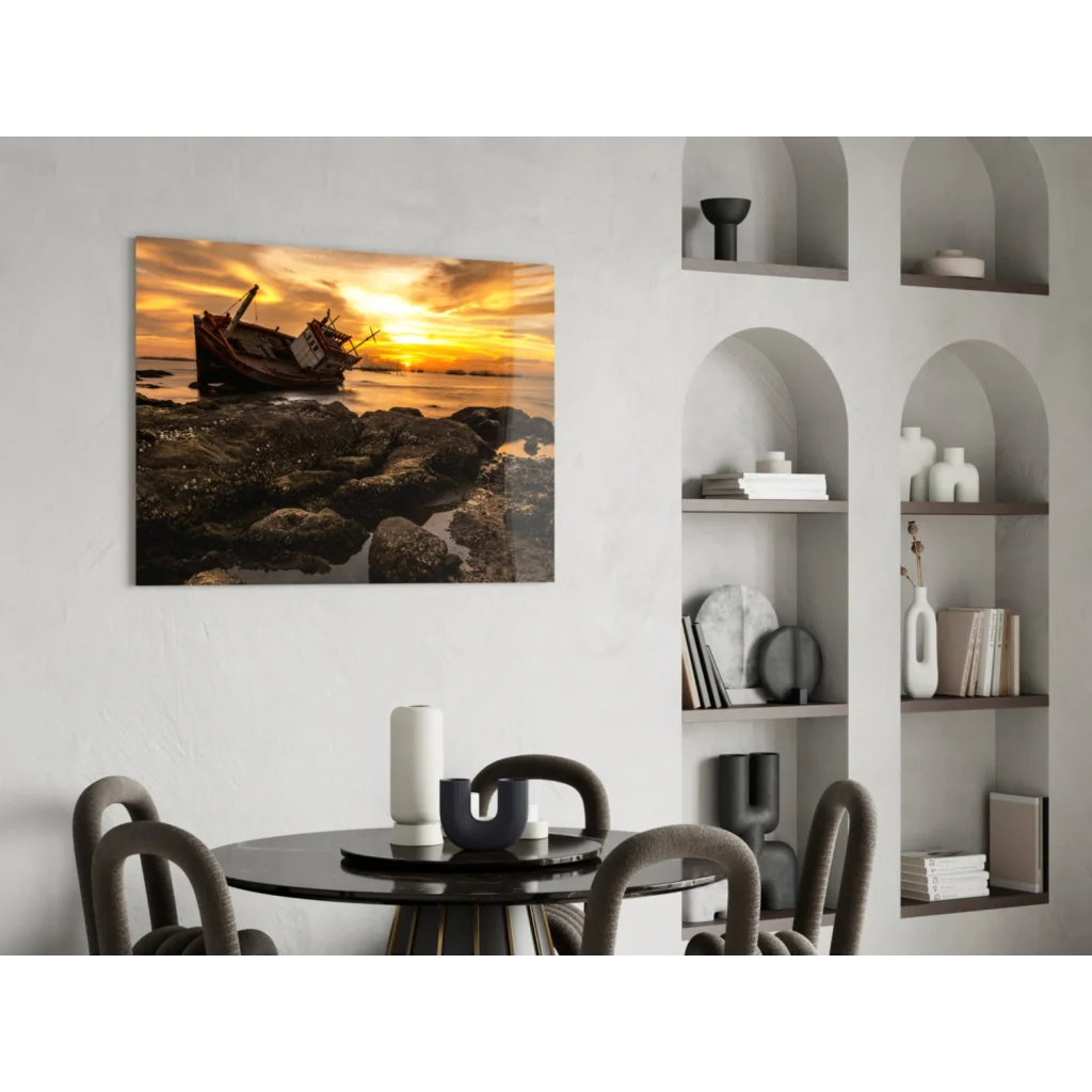 Stunning sunset shipwreck glass wall art in warm orange hues
