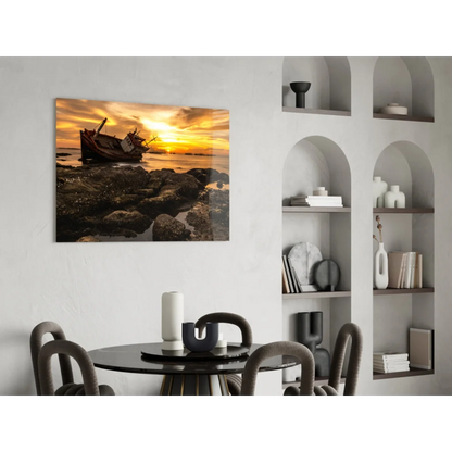 Stunning sunset shipwreck glass wall art in warm orange hues