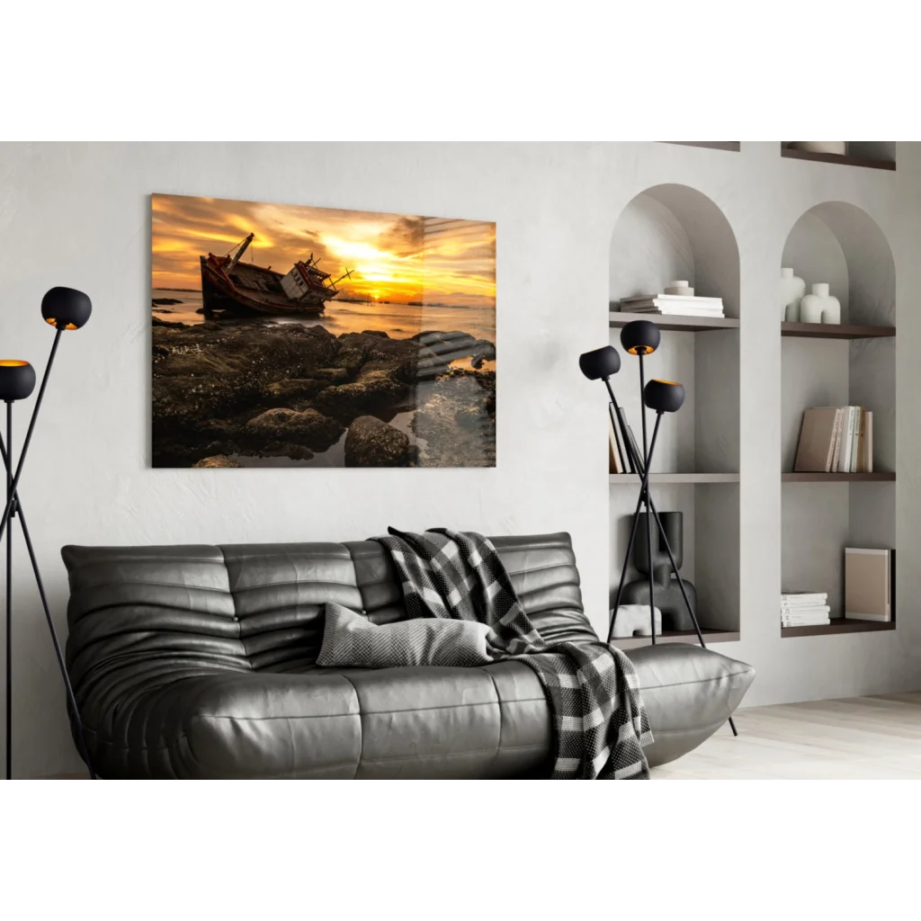Stunning sunset shipwreck on glass wall art with orange hues