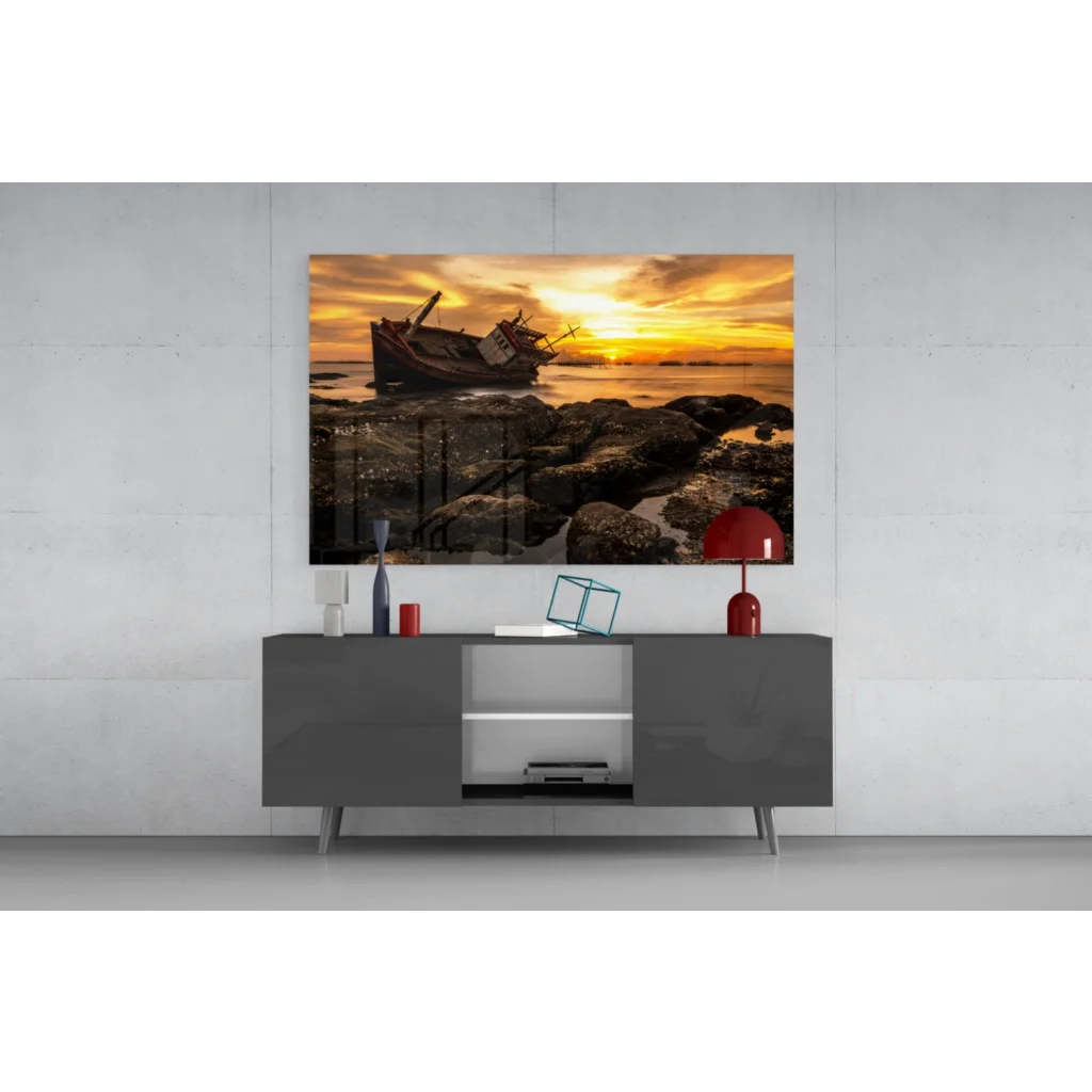 Stunning sunset shipwreck glass wall art with framed canvas print