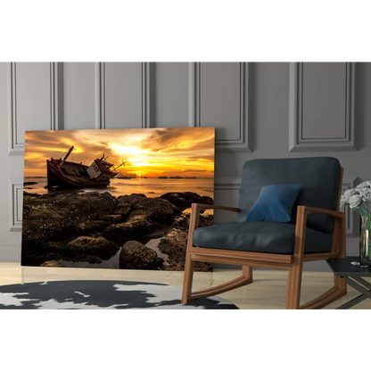 Stunning sunset shipwreck on glass wall art, orange hues over water