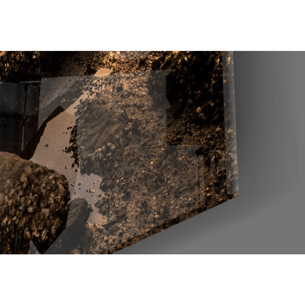 Stunning sunset shipwreck glass wall art with transparent case and earthy geological specimen