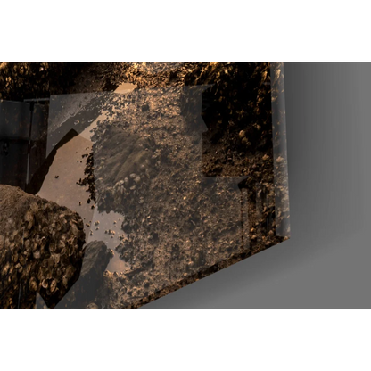 Stunning sunset shipwreck glass wall art with transparent case and earthy geological specimen