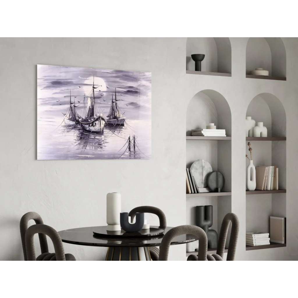 Serene monochrome dusk boats purple watercolor wall art canvas