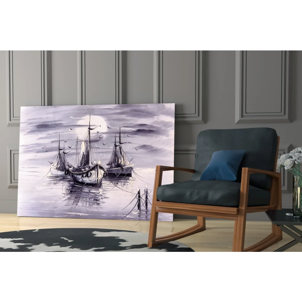 Serene monochrome sailboats under full moon in purples, grays wall art
