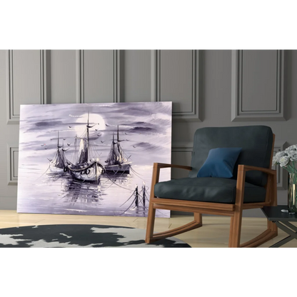 Serene monochrome sailboats under full moon in purples, grays wall art