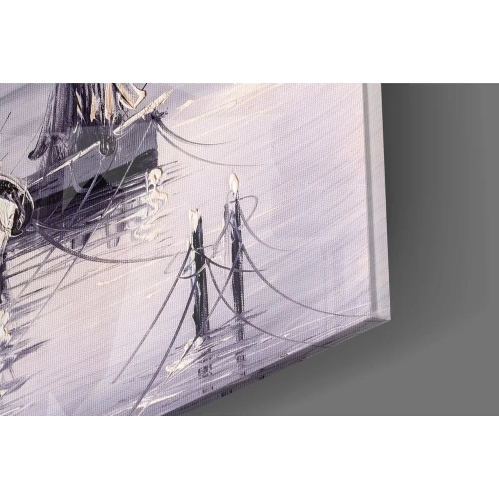 Monochromatic ship docked at pier in gray tones, dusk boats wall art