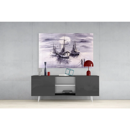 Dusk Boats purple watercolor wall art on gray console table