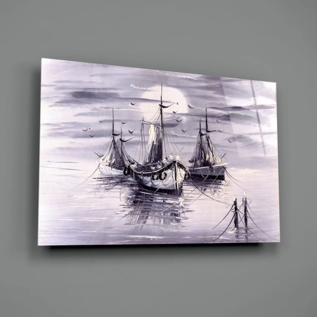 Dusk Boats Purple Watercolor Canvas Wall Art | Glass Wall Art Print | vintageantiquesgifts.com