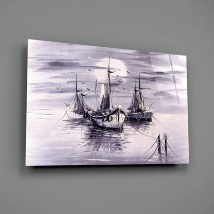 Dusk Boats Purple Watercolor Canvas Wall Art | Glass Wall Art Print | vintageantiquesgifts.com