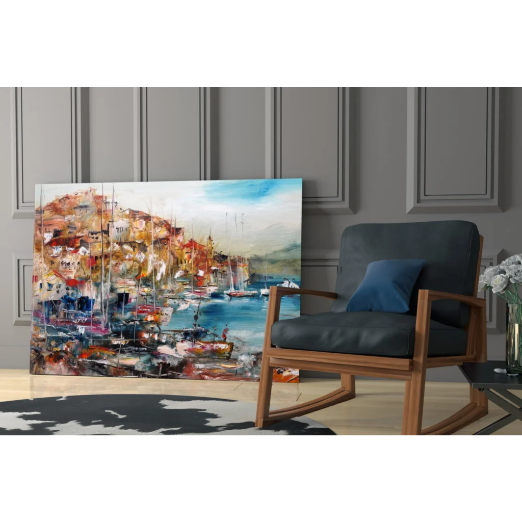 Vibrant abstract coastal glass wall art with bold orange, blue strokes