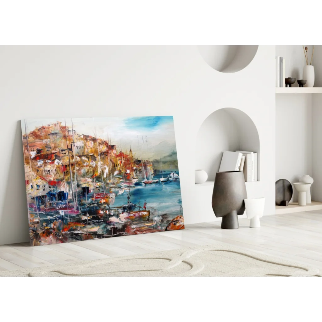 Vibrant abstract glass wall art of coastal harbor with boats and sea