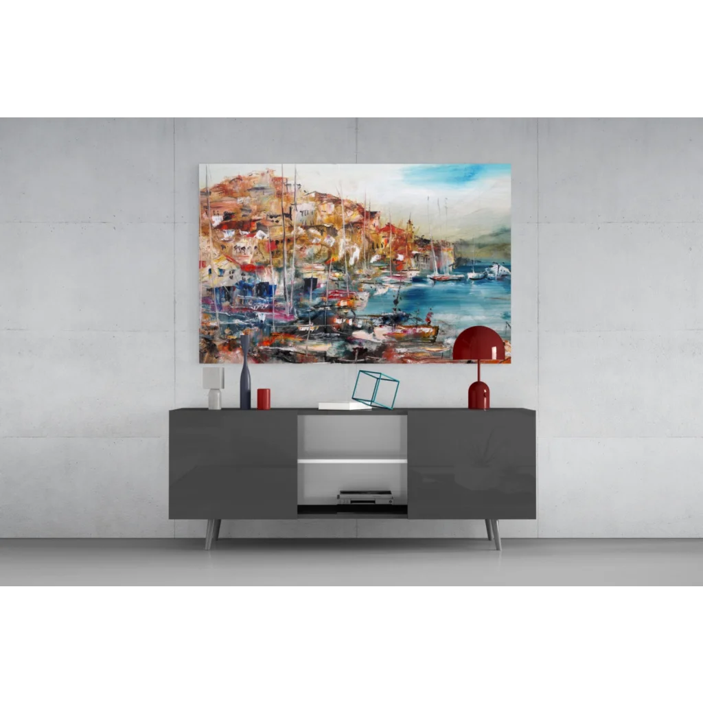 Vibrant abstract glass wall art of coastal harbor town with boats