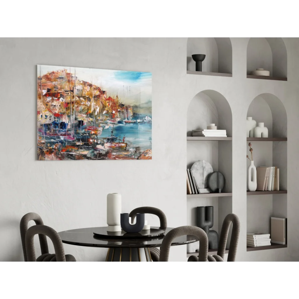 Vibrant abstract glass wall art of coastal town with boats in oranges and blues
