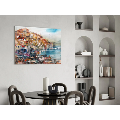 Vibrant abstract glass wall art of coastal town with boats in oranges and blues