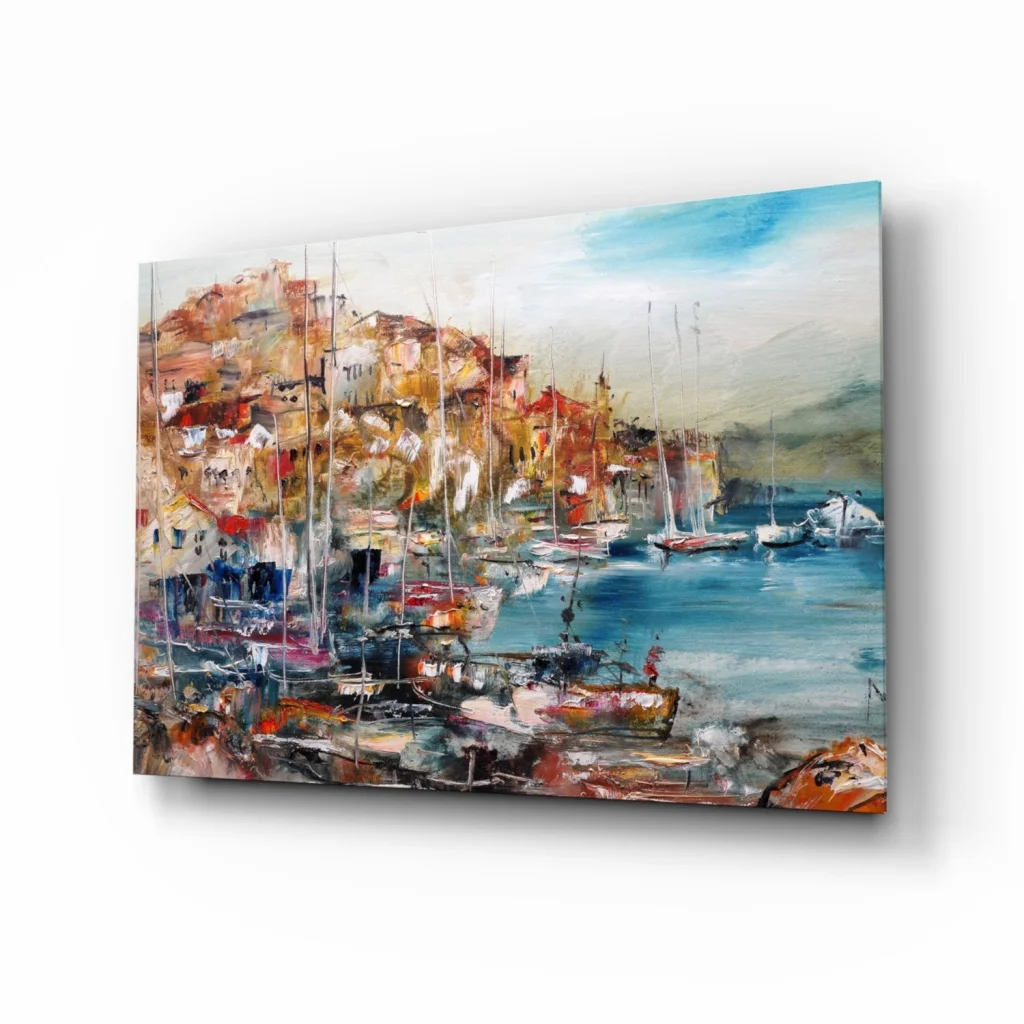 Vibrant abstract glass wall art of coastal harbor with boats