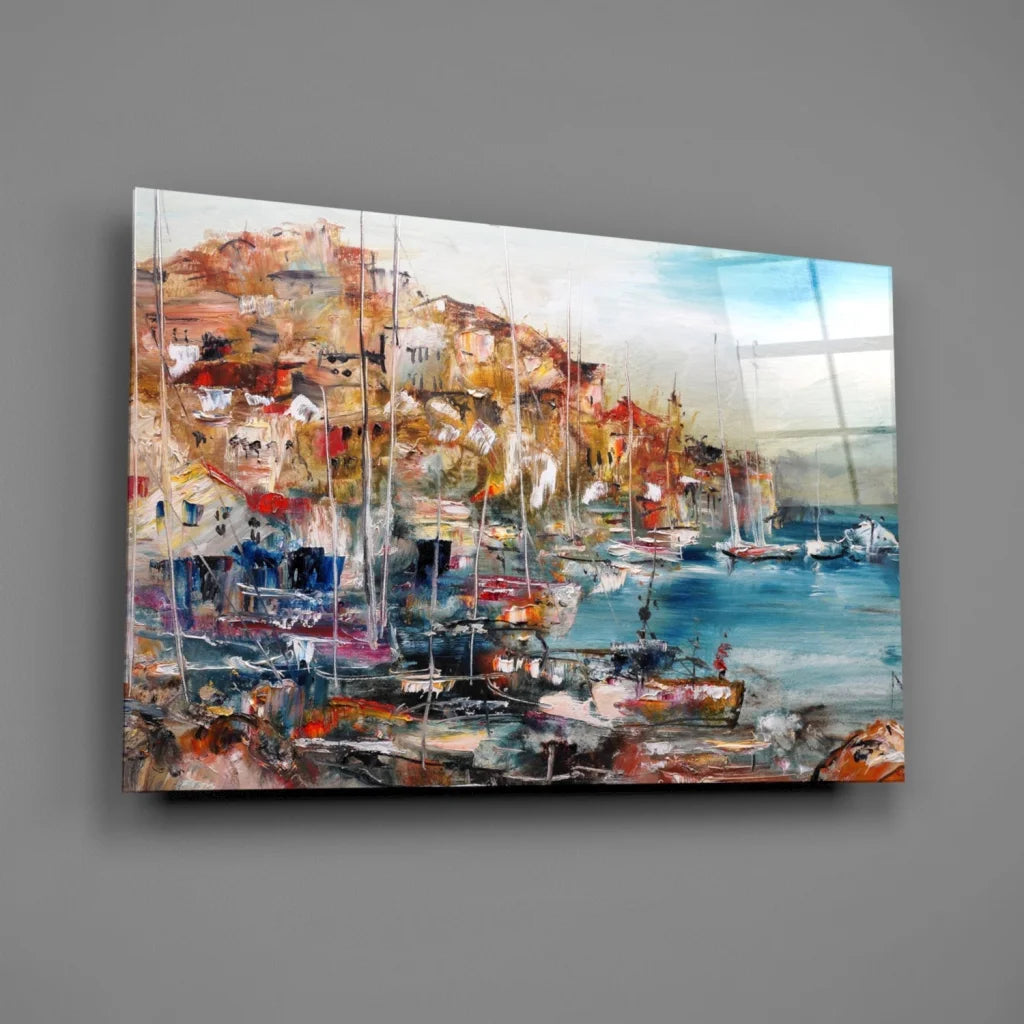 Vibrant abstract coastal harbor glass wall art on glossy acrylic panel