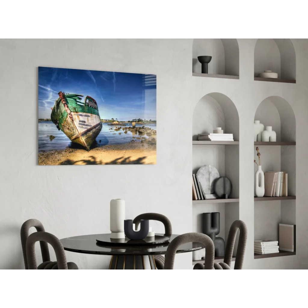 Weathered green boat on shore glass wall art print