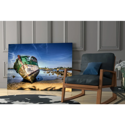 Weathered green boat on shore glass wall art print