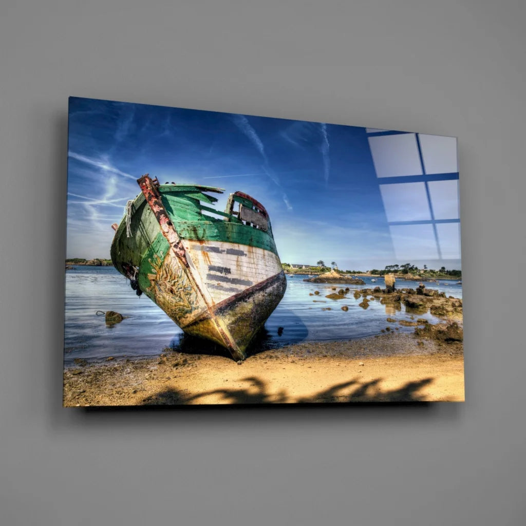 Rustic green white wooden boat on shore glass wall art print