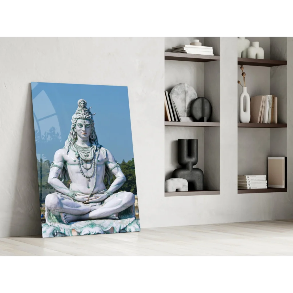 Serene Shiva glass wall art statue in white marble against blue sky