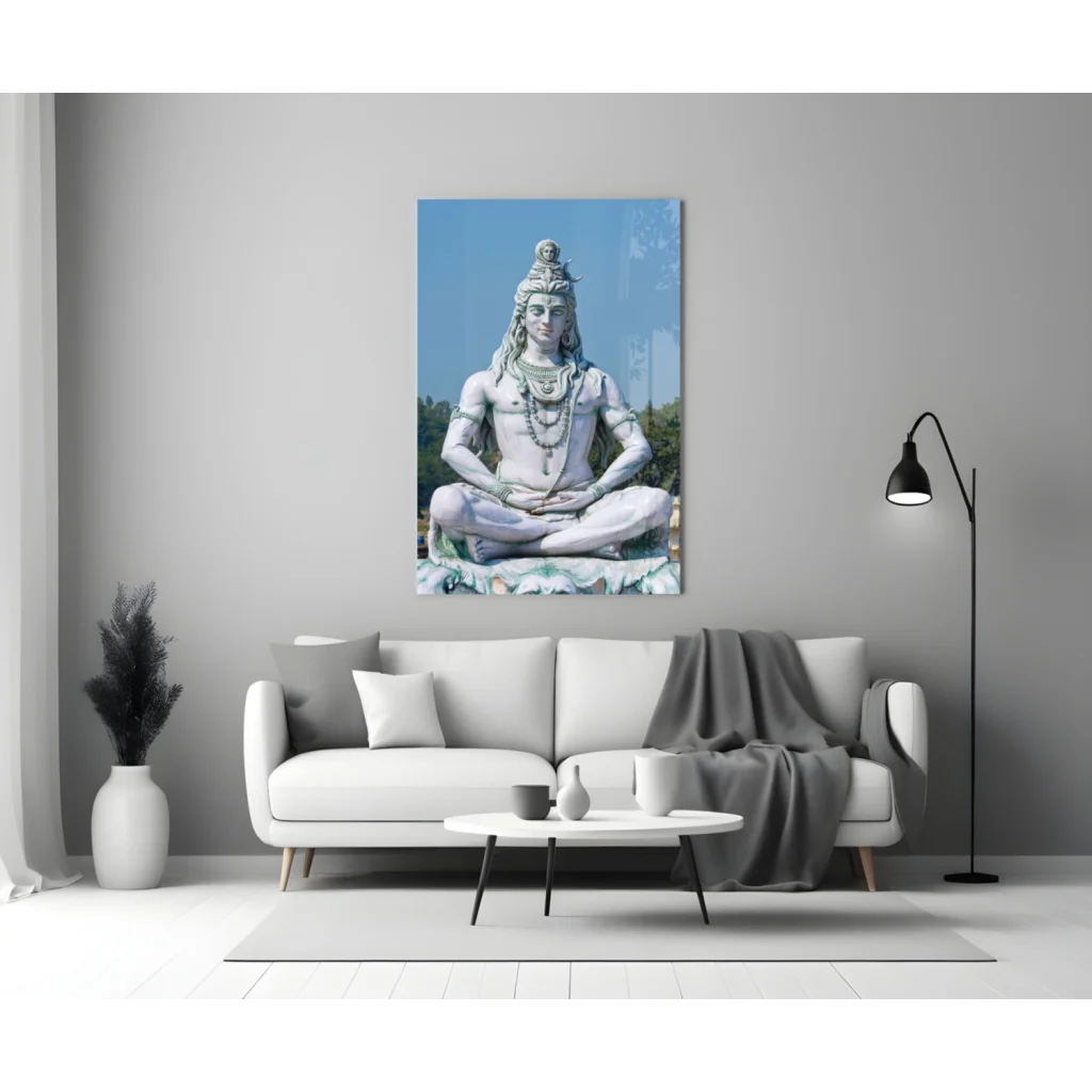 Serene white marble Lord Shiva glass wall art statue meditating