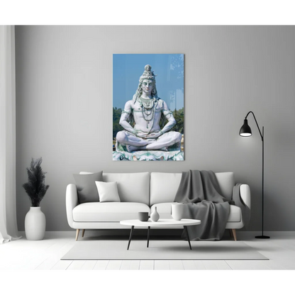 Serene white marble Lord Shiva glass wall art statue meditating