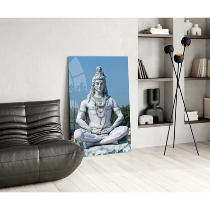 Serene white marble Lord Shiva glass wall art in meditative pose