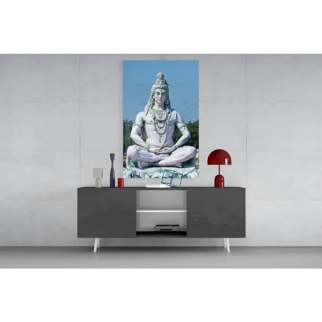 Stunning white marble Shiva statue glass wall art in meditative pose